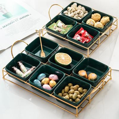 China Fruit Separator Plates Snack Bowl Ceramics Compartment Tray Sustainable European Modern Oblong Dessert Decorated Serving Dish for sale