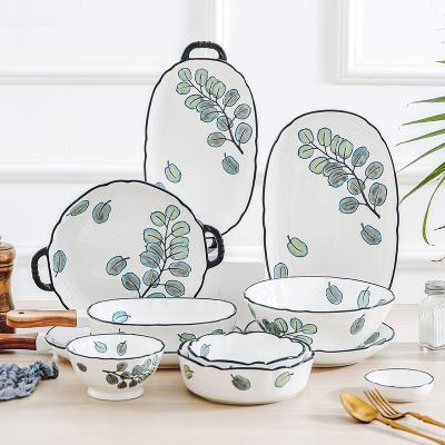 China Wholesale Creative Viable Flower European Ceramic German Green Dish Porcelain Dinner Bowl Dishware Tableware Set Wholesale for sale