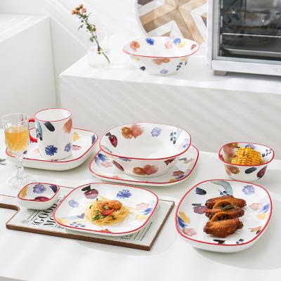 China Soup Party Ceramic Dish Restaurant Floral Hand Painted Country Style Dinner Dishes and Cups Flower Tableware Dinnerware Set for sale