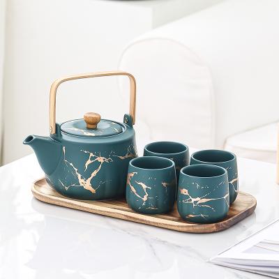 China Viable Ceramic Porcelain Teapot Nordic Style Coffee Afternoon Teapot Luxury Black Marble Teapot Sets And Cup With Wood Tray for sale