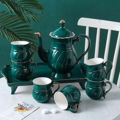 China High Viable European Royal Ceramic Albert Red Green Marble Teacup Teapot Set British Porcelain Coffee Cups With Teapot Serving Set for sale