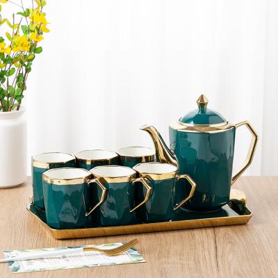 China Viable European Antique English Milk Kettle Ceramic Tea Set Cup Sets For Teapot Coffee Green Teapot Set English With Gold Handle for sale