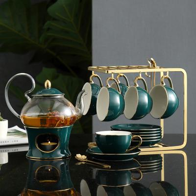 China High Base Viable Green Glass Heat Resistant Borosilicate Heat Resistant Green Glass Coffee Walmer Candle Teapot Ceramic Cup and Saucer Set for sale