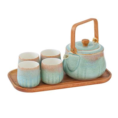 China Viable Ceramic Tea Sets With 6 Cups Porcelain Glazed Teapot Wooden Gift Box Coffee Fancy Cup Teapots Chinese Marble Set for sale