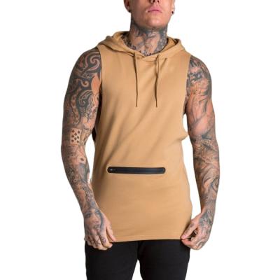 China Men's Anti-Shrink Zipper Gym Lean Bodybuilding Belly Pocket Plain Fitness Sleeveless Hoodie for sale