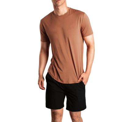 China Breathable Men's Slim Fit Tee Solid Bottom Side Curve Round Neck Gym Spandex Cotton Cotton Fitness T-Shirt for sale