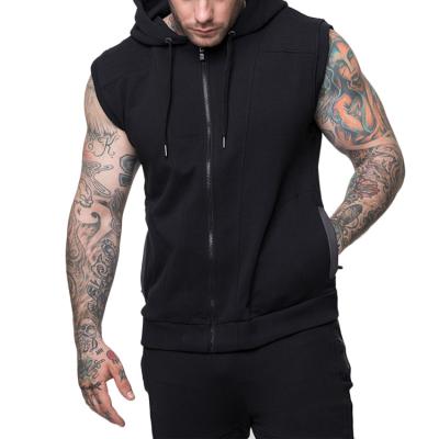 China Plain Cotton Spandex Solid Black Fitness Anti-Shrink Workout Full Sleeveless Zipper Hoodie For Men for sale