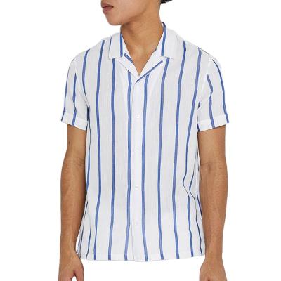 China Anti-pilling 2021 Custom Logo OEM/ODM Wholesale Summer Vertical Stripe Cotton Short Sleeve Casual Shirts For Men for sale