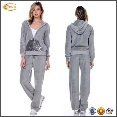 China Ecoach Antibacterial Gray Women's Sweatsuit Velor Tracksuit 95%Polyester 5%Elastane Plush Tops Comfortable Hooded Comfortable Design Women for sale