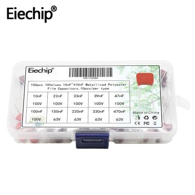 China Eiechip 100pcs/lot General Purpose 10nF~470nF Metallized Mylar Capacitor Kit High Precision Classification and Stability Sample 10nF 22nF 33nF for sale