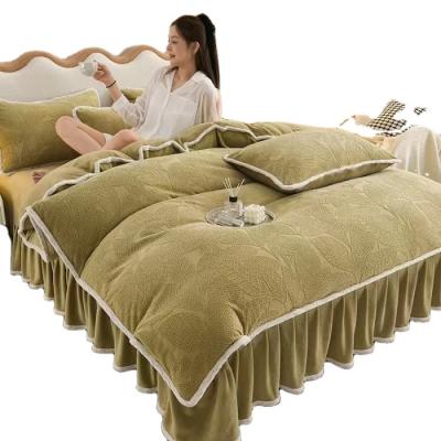 China New Nondisposable Milk Fleece 5D Cut Out Fleece Bed Skirt Four-Piece Set for sale