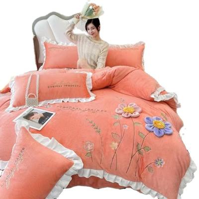 China Princess Nondisposable Style Three-dimensional Floral Applique Embroidered Milk Velvet 4 Piece Set Flannel Bed Skirt BedsheetsComforter Cover for sale