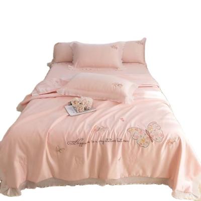 China New Nondisposable Butterfly Love Embroidery Washed Cooling Comforter Summer Tencel Embroidery Kit Bed Skirt 4 Piece Set for sale