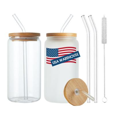 China 16oz Clear Sublimation Glass Box USA Warehouse Custom Printed 16 20 oz Sublimation Clear Frosted Beer Can Shaped Glass Mugs With Bamboo Lid And Glass Straw for sale