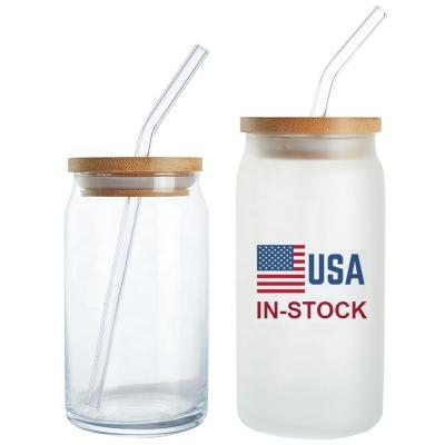 China Box Glass Mug With Bamboo Lid And Straw USA Warehouse Free Shipping Vinyl 500ml Print 16 oz Coffee Libbey Beer Can Shape Drinking Glass Mugs With Bamboo Lid And Straw for sale