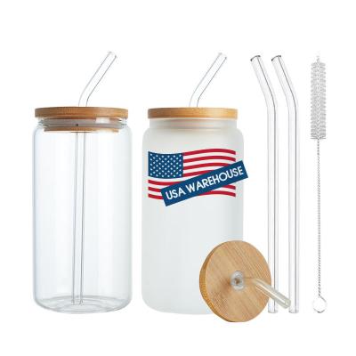 China 16oz Clear Sublimation Glass Can US Custom Made 16 oz 20 oz Sublimation White Clear Frosted Beer Can Shaped Glass Coffee Mug With Bamboo Lid And Glass Straw for sale