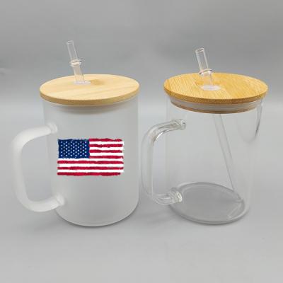 China Sublimation Mugs 15oz Empty USA Warehouse Hot Sale Custom Logo Printed Clear Cute 15oz Glass Sublimation Blanks Coffee Mugs With Lid And Bamboo Straw for sale