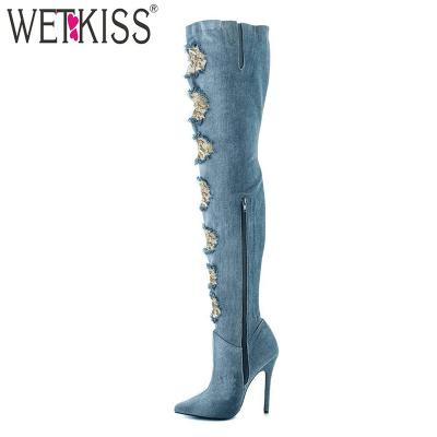 China Factory Price Fashion Boots High Quality Ripped Jeans Knee Boots Led Toe High Heel Women Boots 2018 for sale