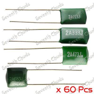 China 60 Pcs Electric Bass Guitar Polyester capacitors 2A223J 0.023UF/2A333J 0.033UF/2A473J 0.047UF/ 2A683J 0.068UF/Rated Voltage 100V DR-2A683J-60 for sale