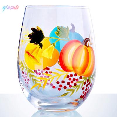 China Custom Multicolor Hand Painted Decorative Craftsman 20oz Stemless Wine Glass Viable For Halloween Party for sale