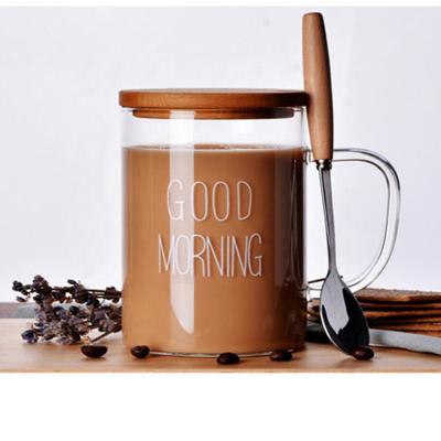 China US Warehouse Viable Wholesale 15oz Iced Coffee Sublimation Glass Mugs Tumbler With Lid And Spoon Bamboo Glass Breakfast Cups for sale