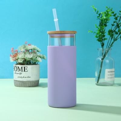 China 16oz Custom Clear Skinny Glass Water Bottle Viable Wholesale BPA Straw Silicone Protector Straight Glass Free With Bamboo Lid for sale