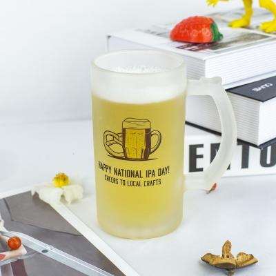 China Large 16 Ounce Viable Empty Glass Beer Mugs Oktoberfest Logo Frosted Super Mug Custom Made With Dimpled Handle Wholesale Glass Stein Mugs for sale