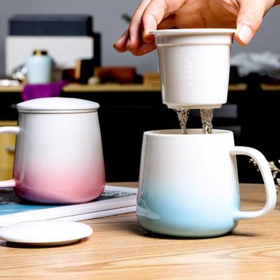 China Wholesale Custom Viable Gradient Color Sublimation Ceramic Mug Logo 360ml Mug Filter Tea Ceramic Mug With Lid For Coffee Tea for sale