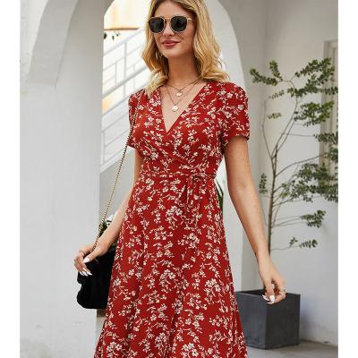 China wholesale 2020 Hot Selling Summer Amazon European and American Women's Clothing Anti-Wrinkle Tied Slim Fit Chiffon Floral A-Line Dress for sale