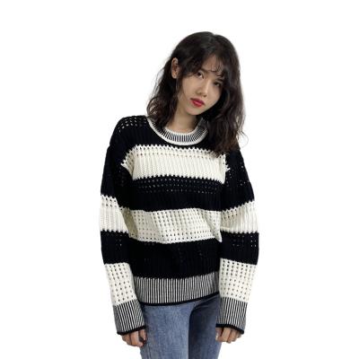 China Anti-wrinkle plus size custom color block striped winter ladies knitting designers pull over sweaters women tops for sale