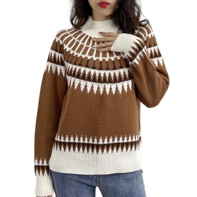 China custom made Spring and Autumn Anti-wrinkle ladies knit pullover crewneck knitwear striped checkerboard women pullover sweater for sale