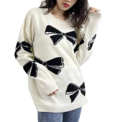 China Anti-Wrinkle Lady Bowknot Jacquard Knit Sweater Crewneck Long Sleeve Knitted Jumpers Women Pullover Sweaters for sale