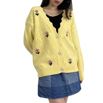 China Anti-Wrinkle New Arrival Yellow Cardigan Knitted Sweater with V-Neck Embroidered Blouse Finial and Raw Yarn for sale