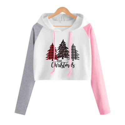 China Anti-Wrinkle Merry Christmas Hoodie 2 Custom Hooded Sweatshirt Tone Croptop Pattern Print Patch Work Culture Hoodie Top Pullover For Women for sale