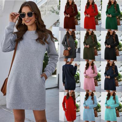 China Wholesale Custom Anti-wrinkle Logo Sweatshirt Fall Dresses Solid Color Oversized Crewneck Women Sweatshirt Hoodie Dress With Pocket for sale