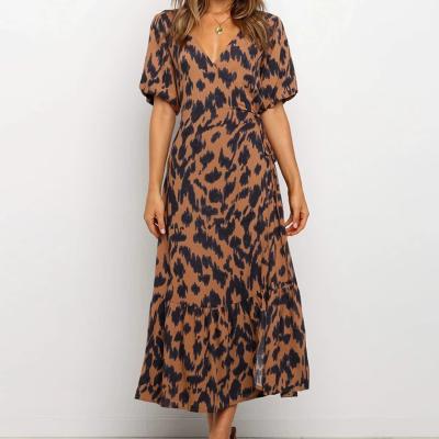 China Anti-Static Hot Sale Summer Casual Women Lace Up Leopard Print V-Neck Long Sleeve Leopard Dress High Quality Short Sleeve Maxi Dresses for sale