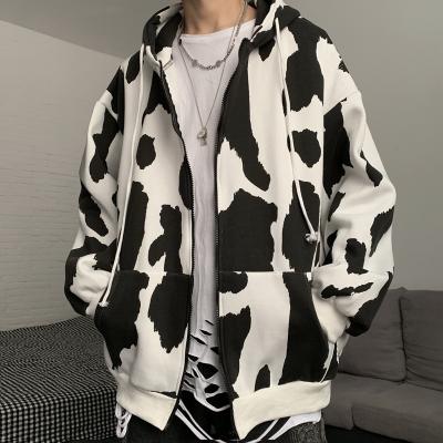 China Unisex Anti-Wrinkle Cow Print Hoodies Drop Shoulder Zipper Hoodie Cash Cow Printed Women's Full Zipper Sweatshirt Oversized Hoodies for sale