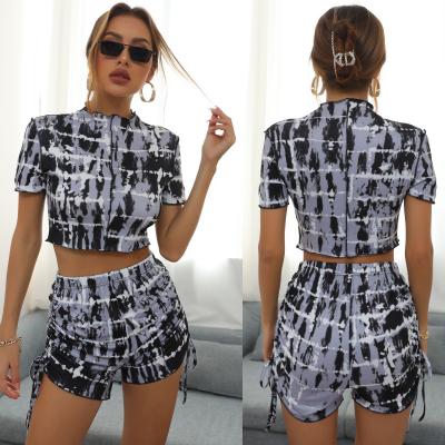 China Anti-pilling hot sale summer short 2 piece set ladies ruffle neck sleeve crop top and crop top two piece set women short for sale