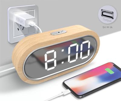 China Antique Wooden Multi Functional Cell Phone Nap Alarm Clock Digital LED Mirror Style USB Charging Temperature For Home Outdoor Garden for sale