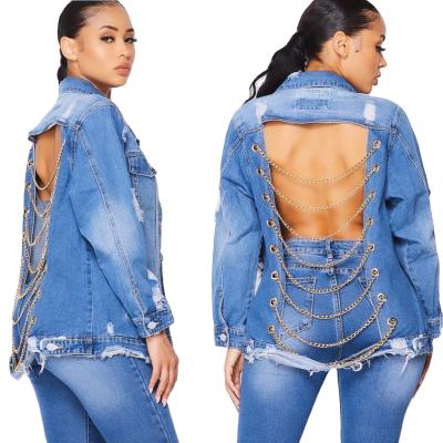 China Anti-wrinkle drop shipping new 2021 fringed medium and long denims coat women's chain denim trench coat back custom logo plus size recess for sale