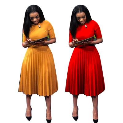 China S12118 Anti-wrinkle African Dresses Half Sleeve Solid Pleated Midi Office Lady Wear Elegant Dress for sale