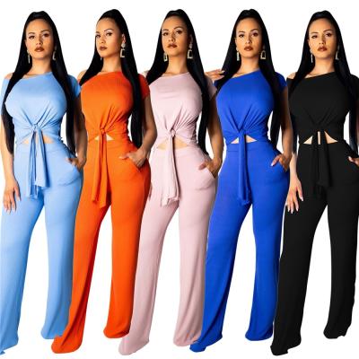 China 2022 New Wholesale High Quality Round Neck Plain Pink Crop Breathable Full High Waist Pants With Elegant Design Women Two Pieces Set for sale