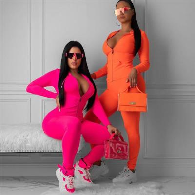 China Best Seller S1660 Breathable Zipper Sweatsuit Two Piece Solid Color Yoga Set Fitness Women Workout Set Fall Clothing Set 2019 for sale