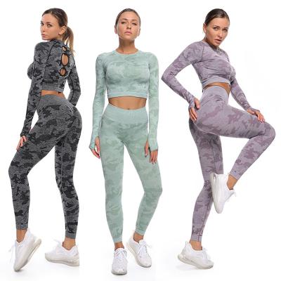 China Antibacterial Women Seamless Camouflage Three Piece Yoga Tops Set Gym Fitness Leggings High Waist Pants Two Piece Set Long Sleeve for sale