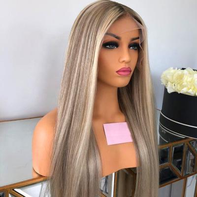 China European Hairvivi Ash Blonde Highlight #60 Long Straight Color Cuticle Aligned Transparent Lace Front Human Hair Wigs HD for sale