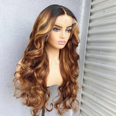 China Loose Wave Honey Brown Blonde Invisible Knots Brazilian Remy Human Hair Lace Frontal Wigs for sale