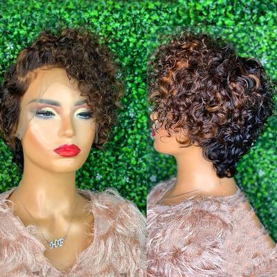 China Loose Wave No Tangle Ombre Brown Color Curly Pixie Cut Bob Virgin Full Cuticle Aligned Hair Lace Front Wigs for sale