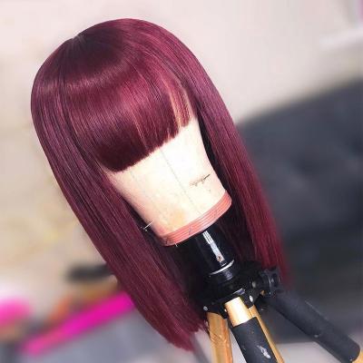 China Virgin Hairline 100% Natural Silky Straight Wave 99J Burgundy Bob Wig With Bangs Cuticle Aligned Lace Front Wig for sale