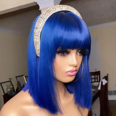 China Human Hairvivi Ocean Hair Straight Blue Color Virgin Brazilian Cut Bob Wig Lace Front Wig With Bangs Hair for sale