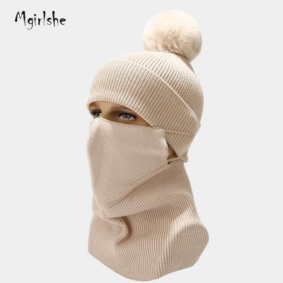 China Wholesale Mgirlshe Character Amazon Adult Pompom Striped Outdoor Winter Knitted Beanie Hat With Neckscarf Facemask Warm Pure Color 2pcs Set for sale